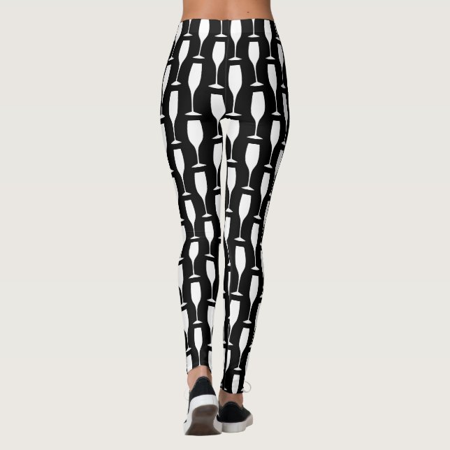 Black and white champagne flute wine glass pattern leggings (Back)