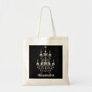Black and White Chandelier Damask w/ Custom Name Tote Bag