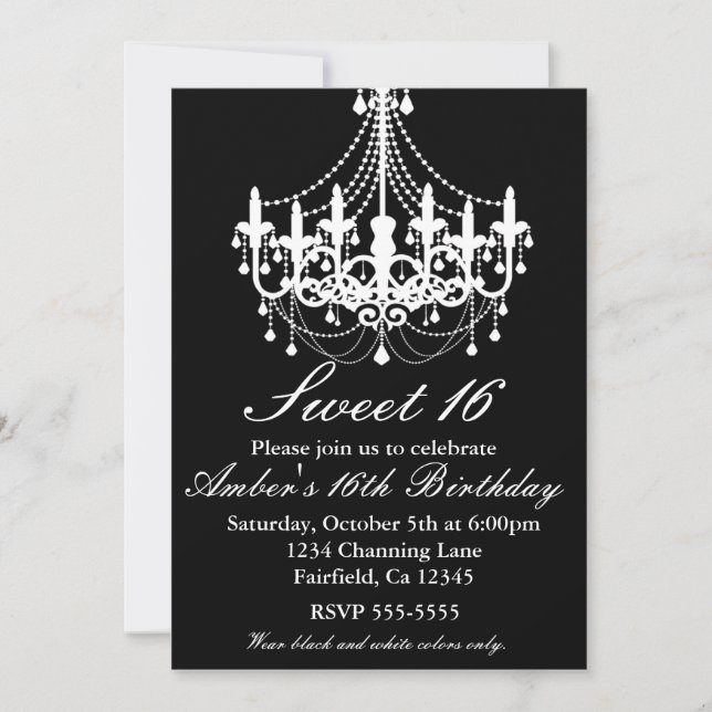 Black and White Chandelier Sweet 16 Party Invite (Front)