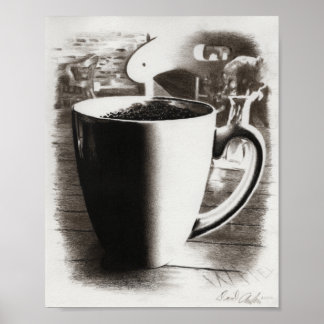 Black and White Charcoal Coffee Mug Drawing Poster