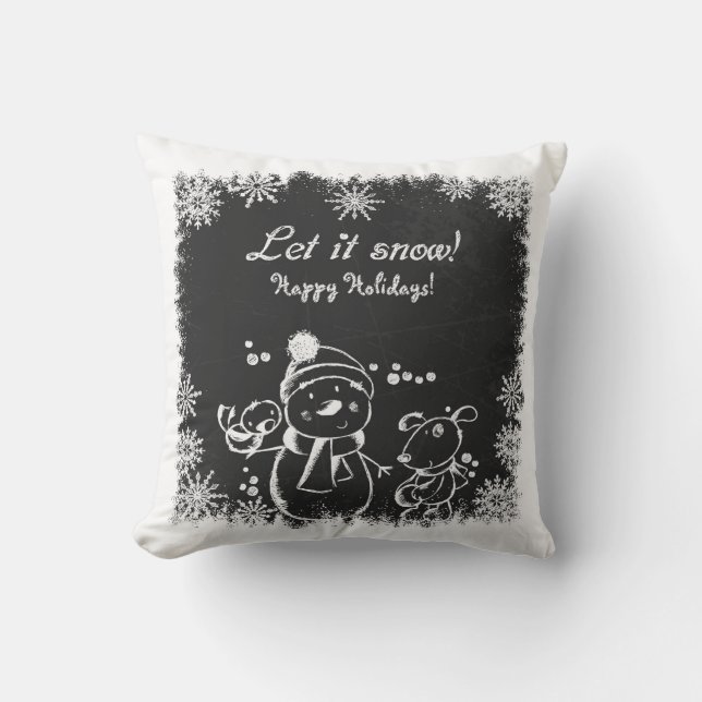 Black And White Charcoal Snowman-Let It Snow Cushion (Front)
