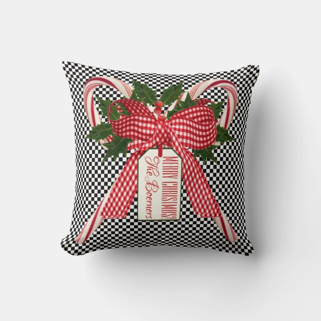 Black and White Check Candy Cane Christmas Bouquet Cushion (Front)