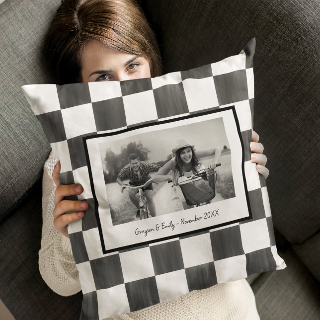 Black and White Check Personalized Photo Cushion (Creator Uploaded)