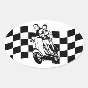 Black and white check scooter riders oval sticker