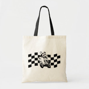 Black and white check scooter riders tote bag
