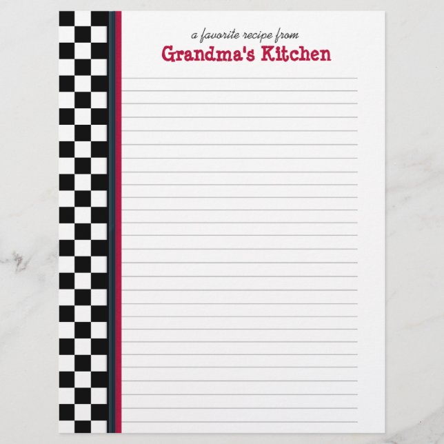 Black and White Check with Red Accent Recipe Page (Front)