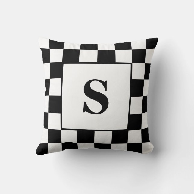 Black and White Checked Check Pattern w/ Initial Cushion (Back)