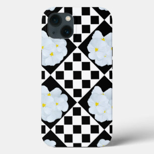 Black and White Checked Pansy Pattern iPhone 13 Case