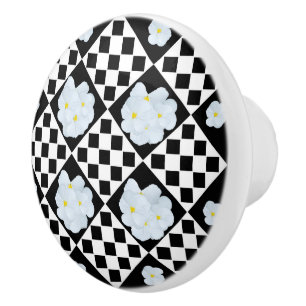 Black and White Checked Pansy Pattern Ceramic Knob