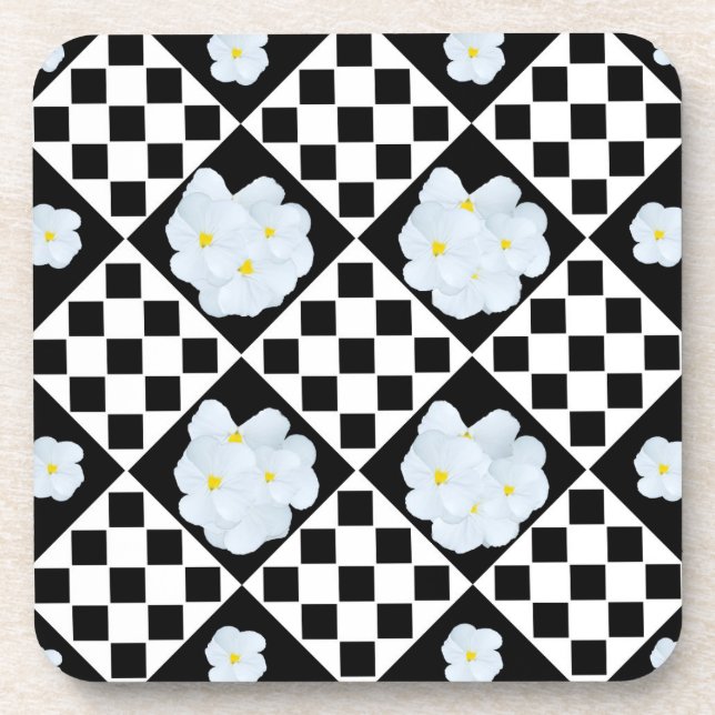 Black and White Checked Pansy Pattern Coaster (Front)