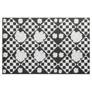 Black and White Checked Pansy Pattern Fabric