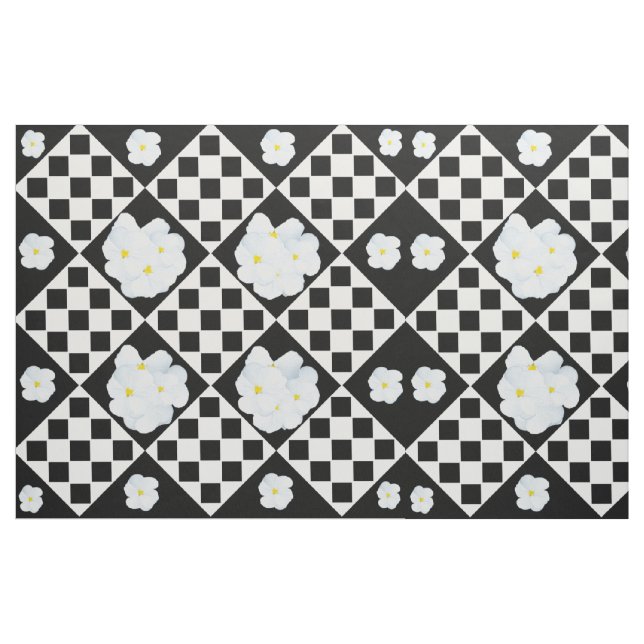Black and White Checked Pansy Pattern Fabric (Yard)