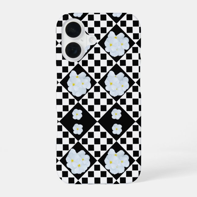 Black and White Checked Pansy Pattern iPhone 16 Case (Back)