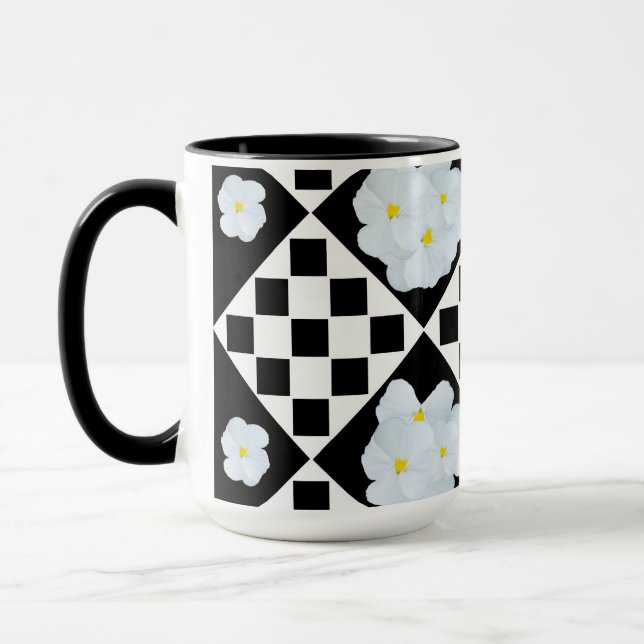 Black and White Checked Pansy Pattern Mug (Left)
