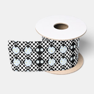 Black and White Checked Pansy Pattern Satin Ribbon
