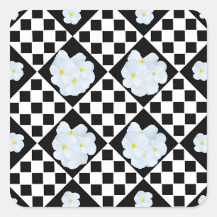 Black and White Checked Pansy Pattern Square Sticker