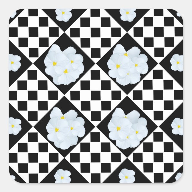 Black and White Checked Pansy Pattern Square Sticker (Front)