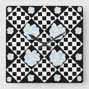 Black and White Checked Pansy Pattern Square Wall Clock