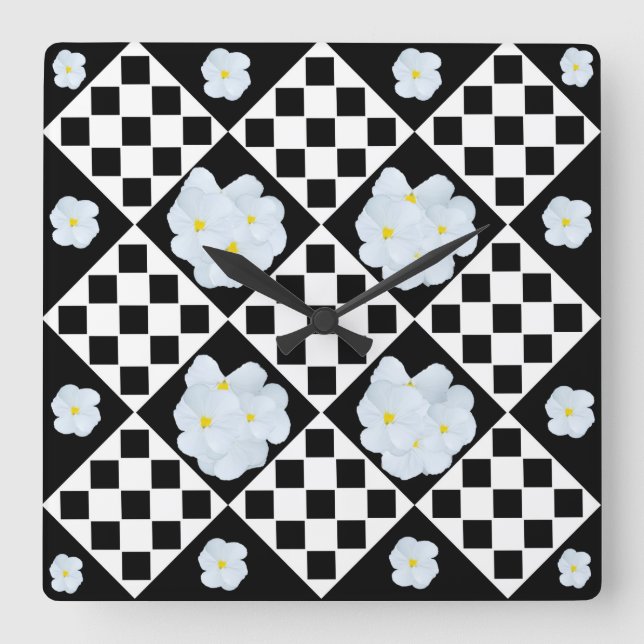Black and White Checked Pansy Pattern Square Wall Clock (Front)