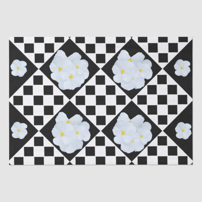 Black and White Checked Pansy Pattern Tissue Paper (Front)