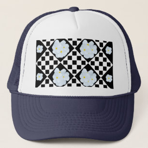 Black and White Checked Pansy Pattern Trucker Hat