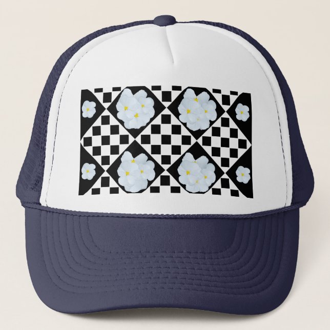 Black and White Checked Pansy Pattern Trucker Hat (Front)