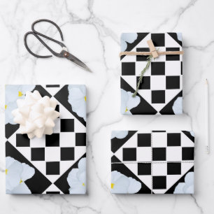 Black and White Checked Pansy Pattern Wrapping Paper Sheet