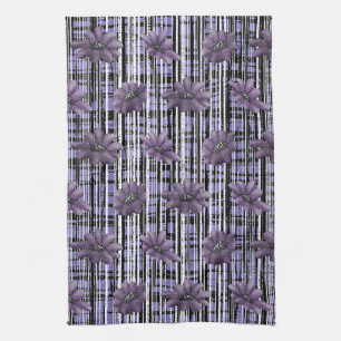 Black and White Checked Purple Flowers Tea Towel