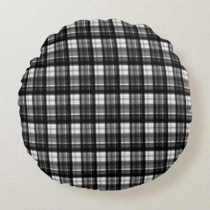 Black And White Checked Tartan, Round Cushion