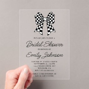 Black and White Checker Bow Bridal Shower Acrylic Invitations