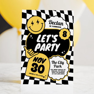 Black and White Checker Retro Smile Boy Birthday Invitation