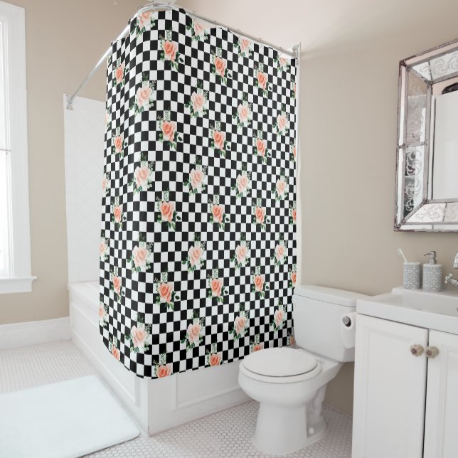 Black and White Checkered & Pink Rose Print Shower Curtain (In Situ)