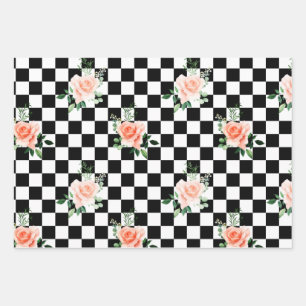 Black and White Checkered & Pink Rose Print Wrapping Paper Sheet