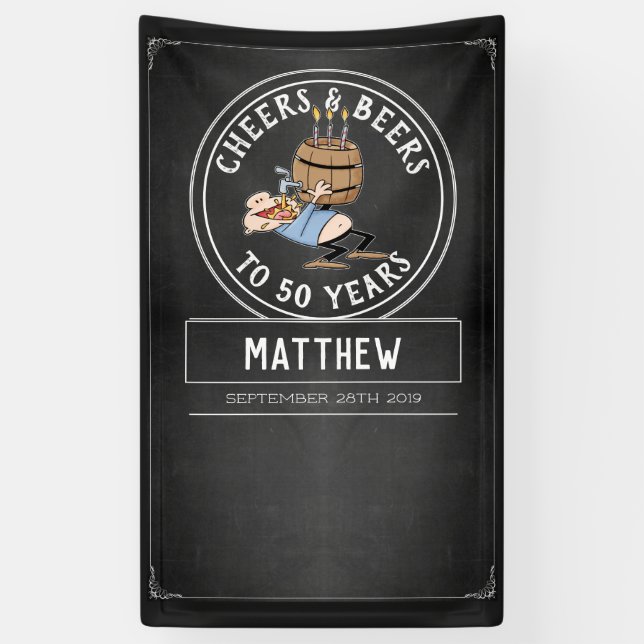 Black And White Cheers And Beers 50th Birthday Banner (Vertical)