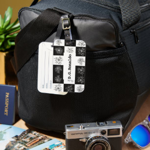 Black and white chequerboard and floral art luggage tag