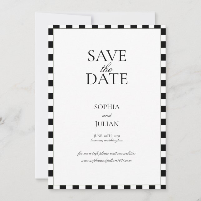 Black and White Chequerboard Border Modern Save The Date (Front)