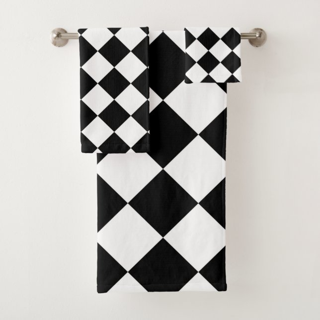 Black And White Chequerboard Chequered Flag Design Bath Towel Set (Insitu)