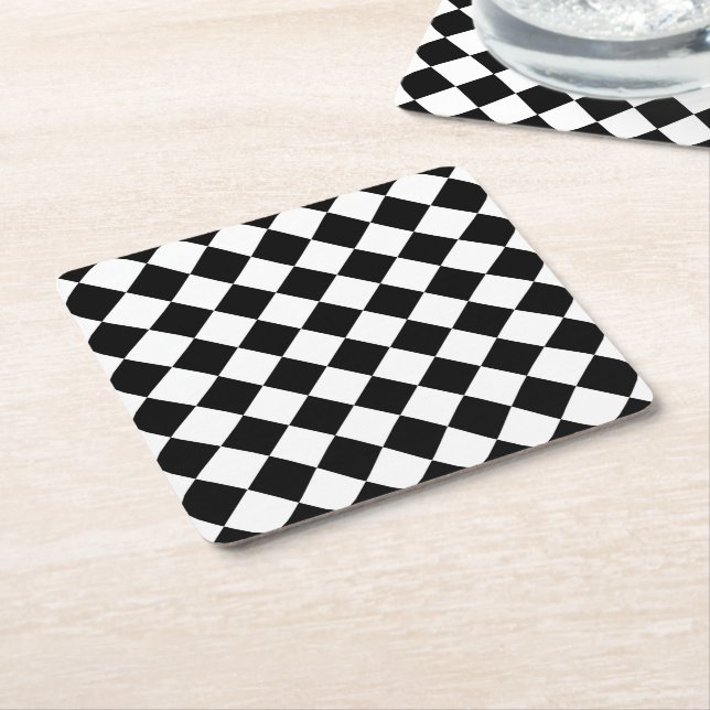 Black And White Chequerboard Chequered Flag Design Square Paper Coaster (Angled)