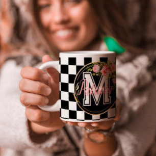 black and white chequerboard Floral pink monogram Coffee Mug
