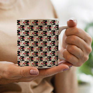 black and white chequerboard Floral Pink unique Coffee Mug