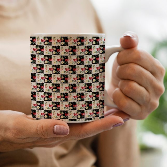 black and white chequerboard Floral Pink unique Coffee Mug (Creator Uploaded)