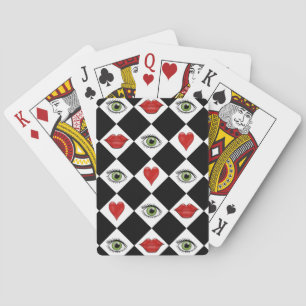 black and white chequerboard folk art lips playing cards