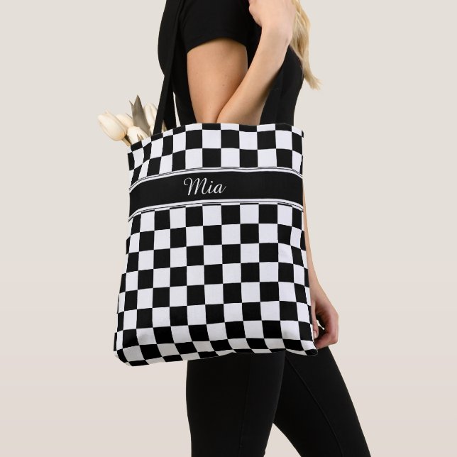 Black and White Chequerboard ID148 Tote Bag (Close Up)