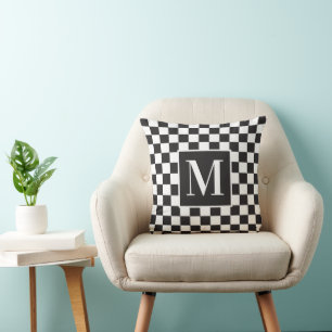 Black And White Chequerboard Pattern Monogram Cushion