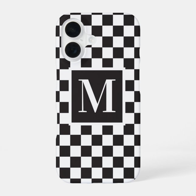 Black And White Chequerboard Pattern Monogram iPhone 16 Case (Back)