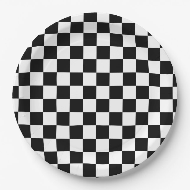 Black and White Chequerboard Pattern Paper Plate (Front)