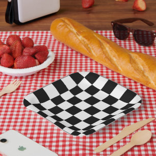 Black and White Chequerboard Pattern Paper Plate