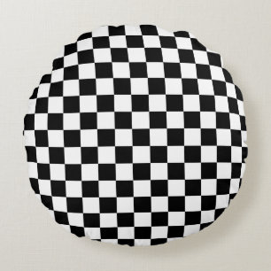 Black and white chequerboard pattern round cushion