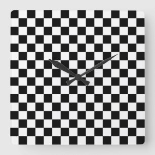 Black and white chequerboard pattern square wall clock