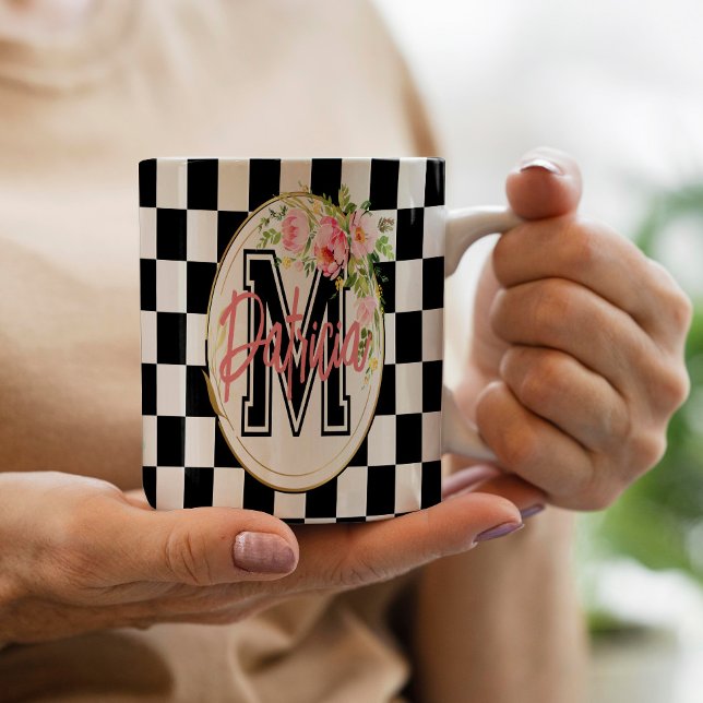 black and white chequerboard pink Floral monogram Coffee Mug (Creator Uploaded)